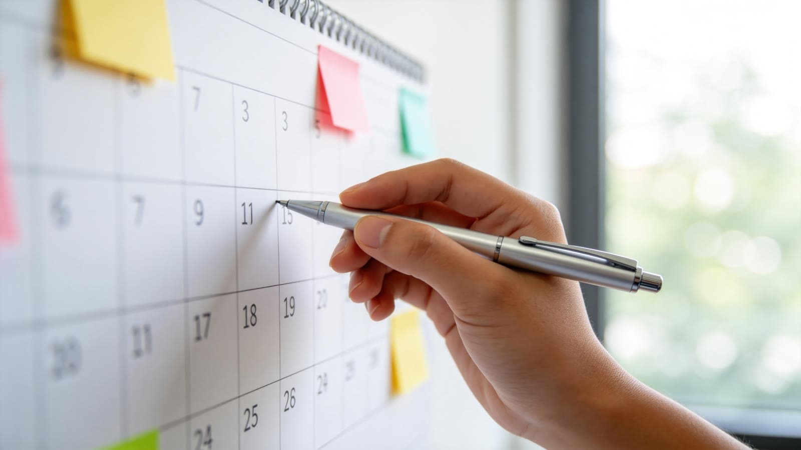 A hand marking a date on a wall calendar covered in sticky notes