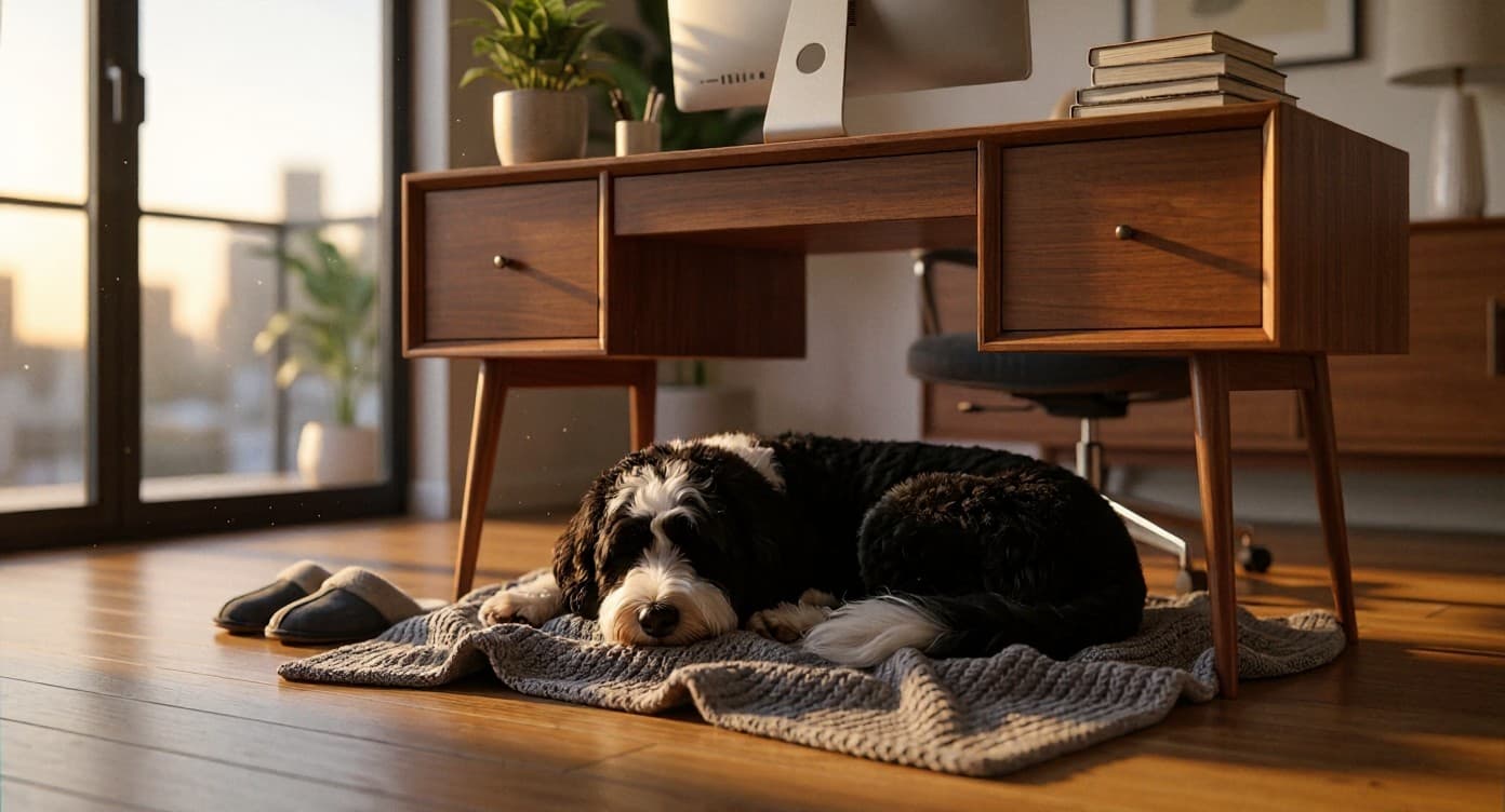 Penny, a Portuguese Water Dog, supervising from the desk