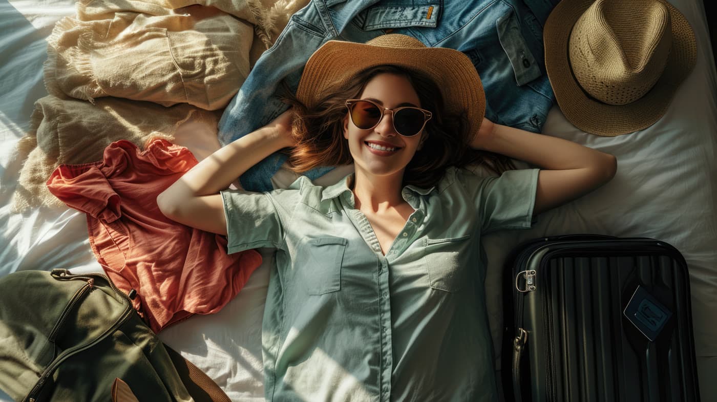 A suitcase, hat, and clothes laid out on a bed while packing for a trip